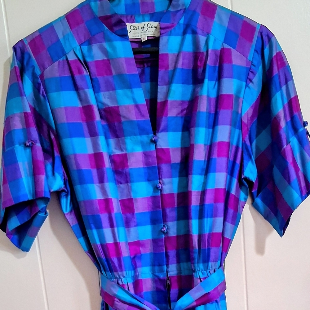Vibrant Plaid 100% Silk Taylored Dress Size 12 Star Of Siam - Picture 2 of 16